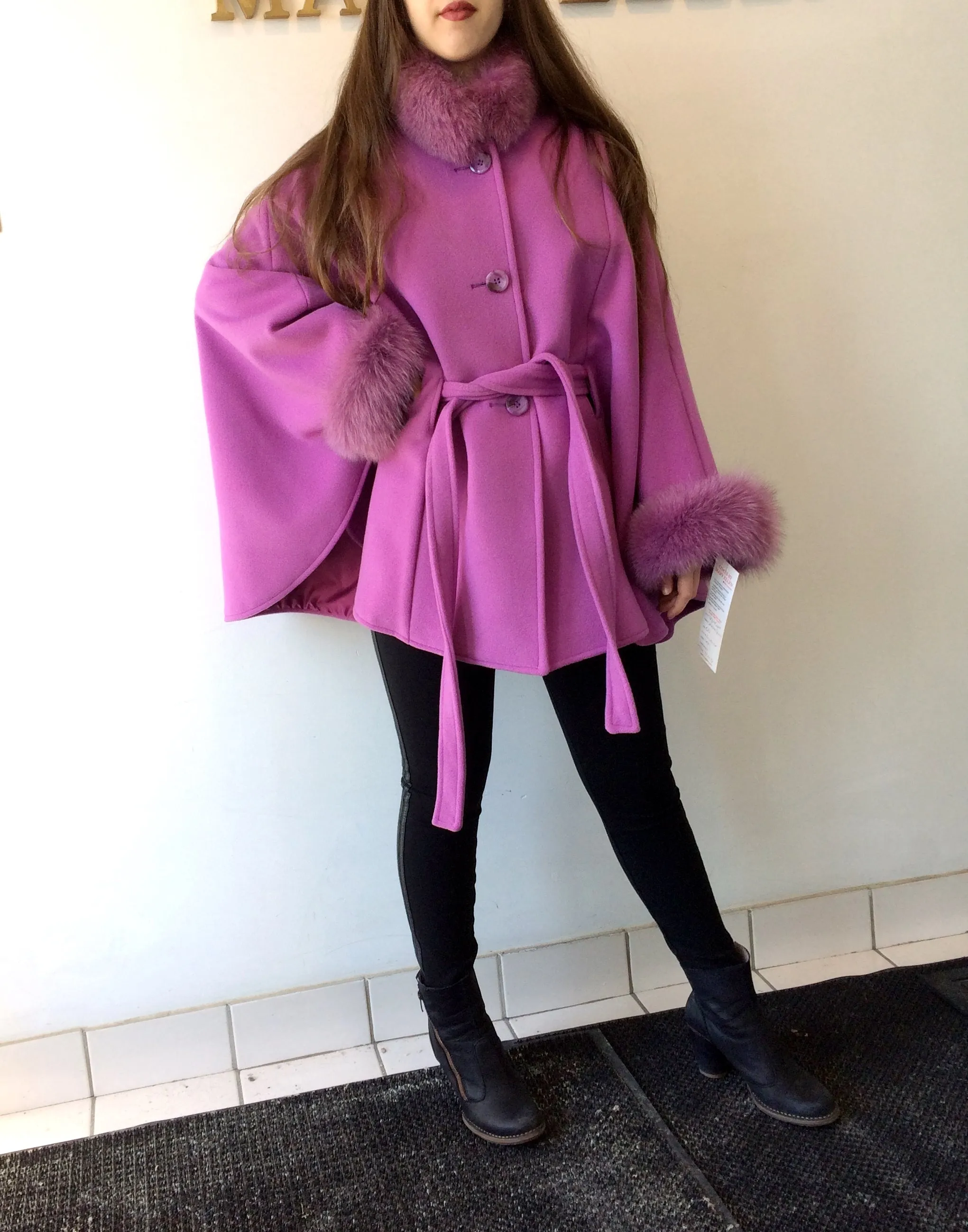 Maria Belted Cape -  Cashmere & Wool Blend-Fox Trim