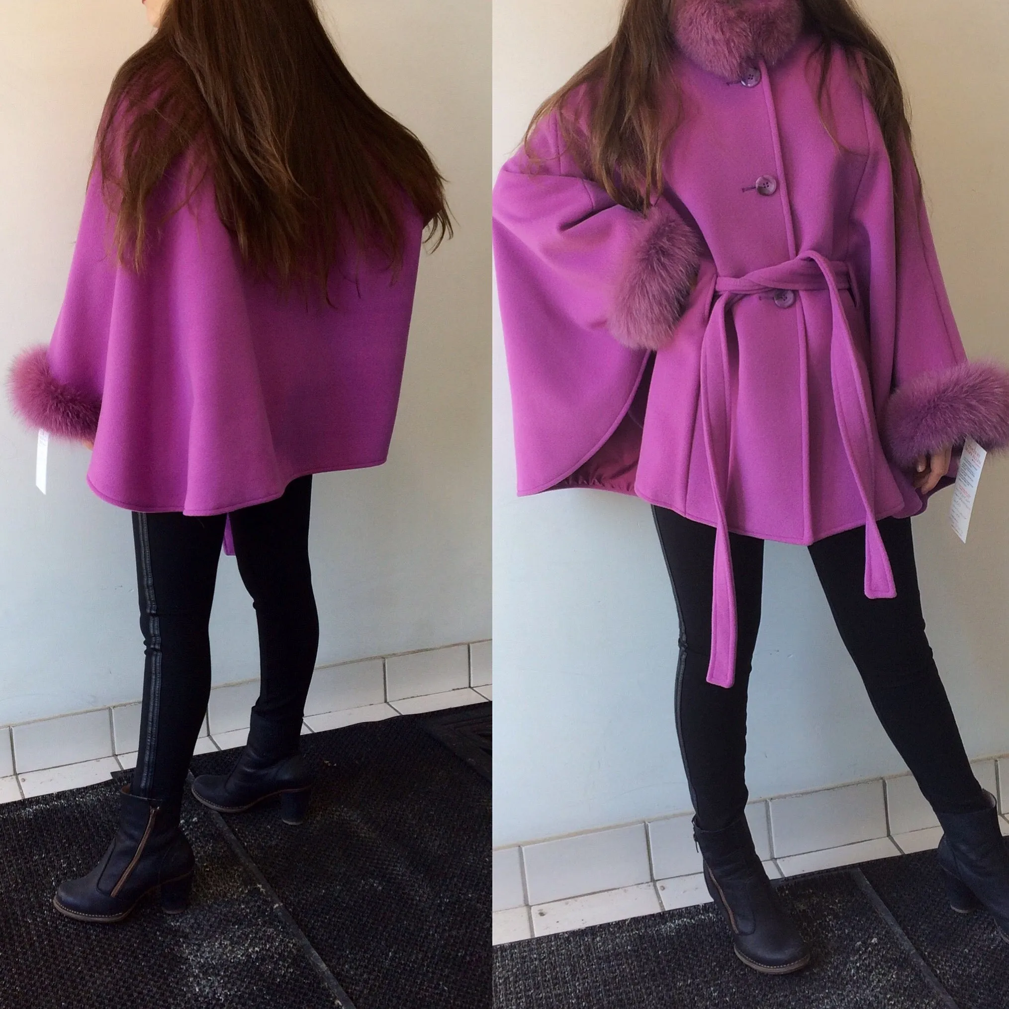 Maria Belted Cape -  Cashmere & Wool Blend-Fox Trim