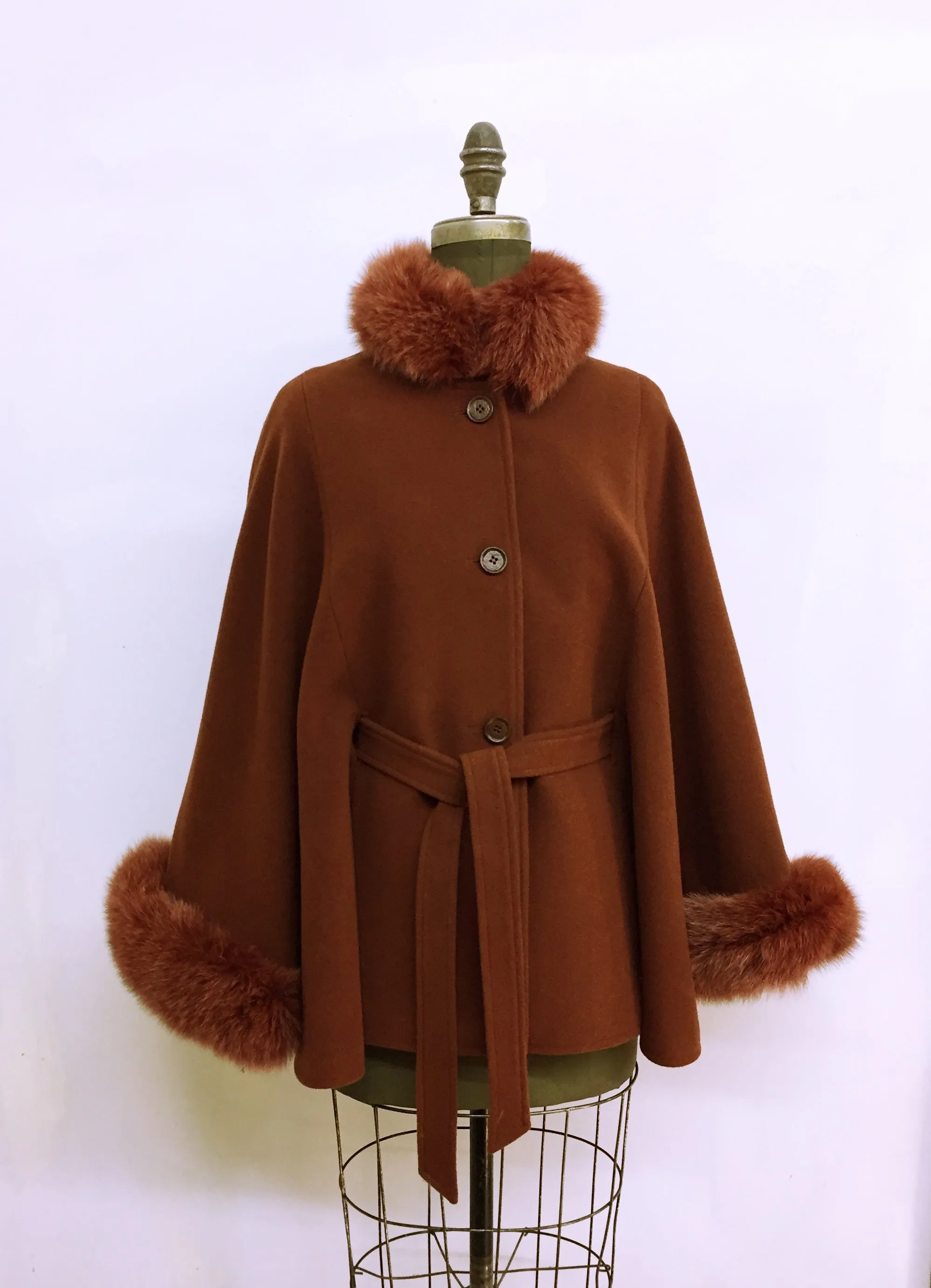 Maria Belted Cape  -  Cashmere & Wool Blend - Fox Trim