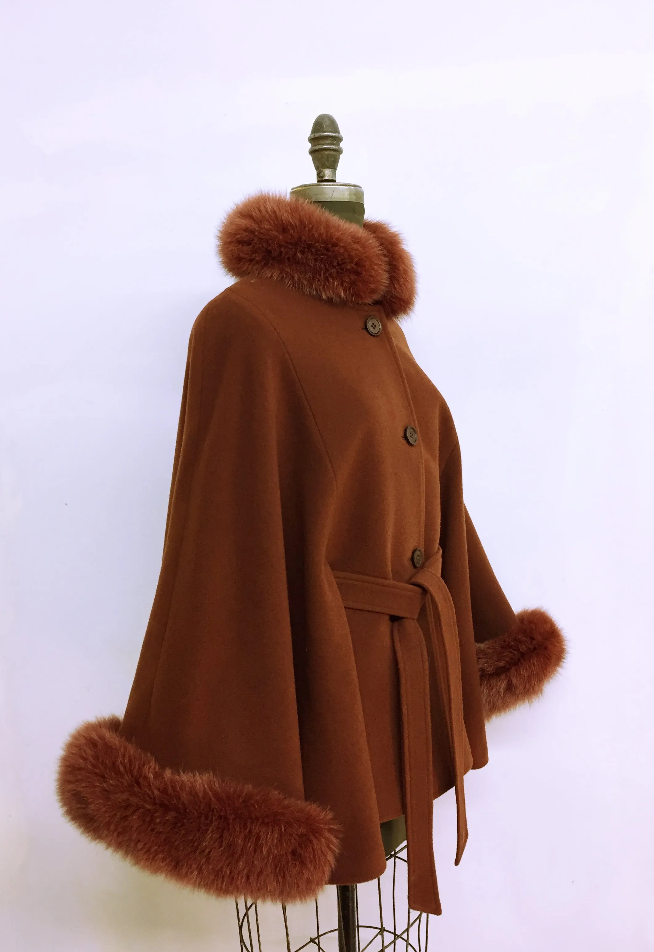 Maria Belted Cape  -  Cashmere & Wool Blend - Fox Trim