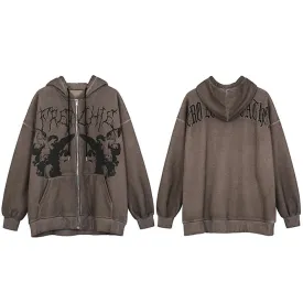 Men Hip Hop Streetwear Hooded Jacket Angel Dark Print Jacket Coat Harajuku Cotton Fleece Autumn Winter Jacket Outwear Zipper