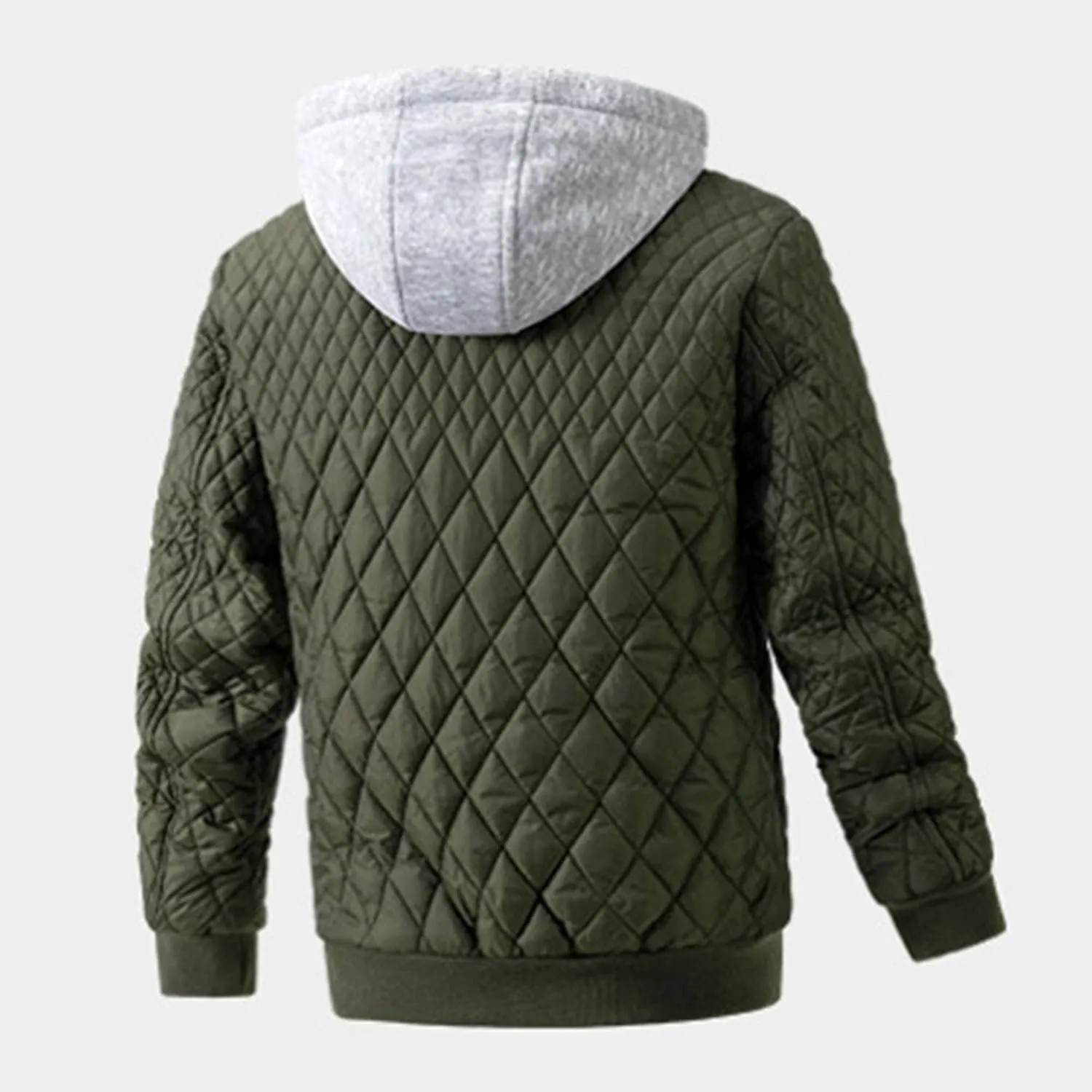 Men's Winter Quilted Jacket with Removable Hood Long Sleeve Casual Diamond Bomber Jacket Warm Winter Padded Coat