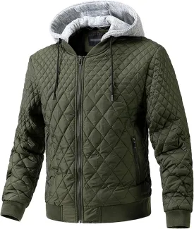 Men's Winter Quilted Jacket with Removable Hood Long Sleeve Casual Diamond Bomber Jacket Warm Winter Padded Coat