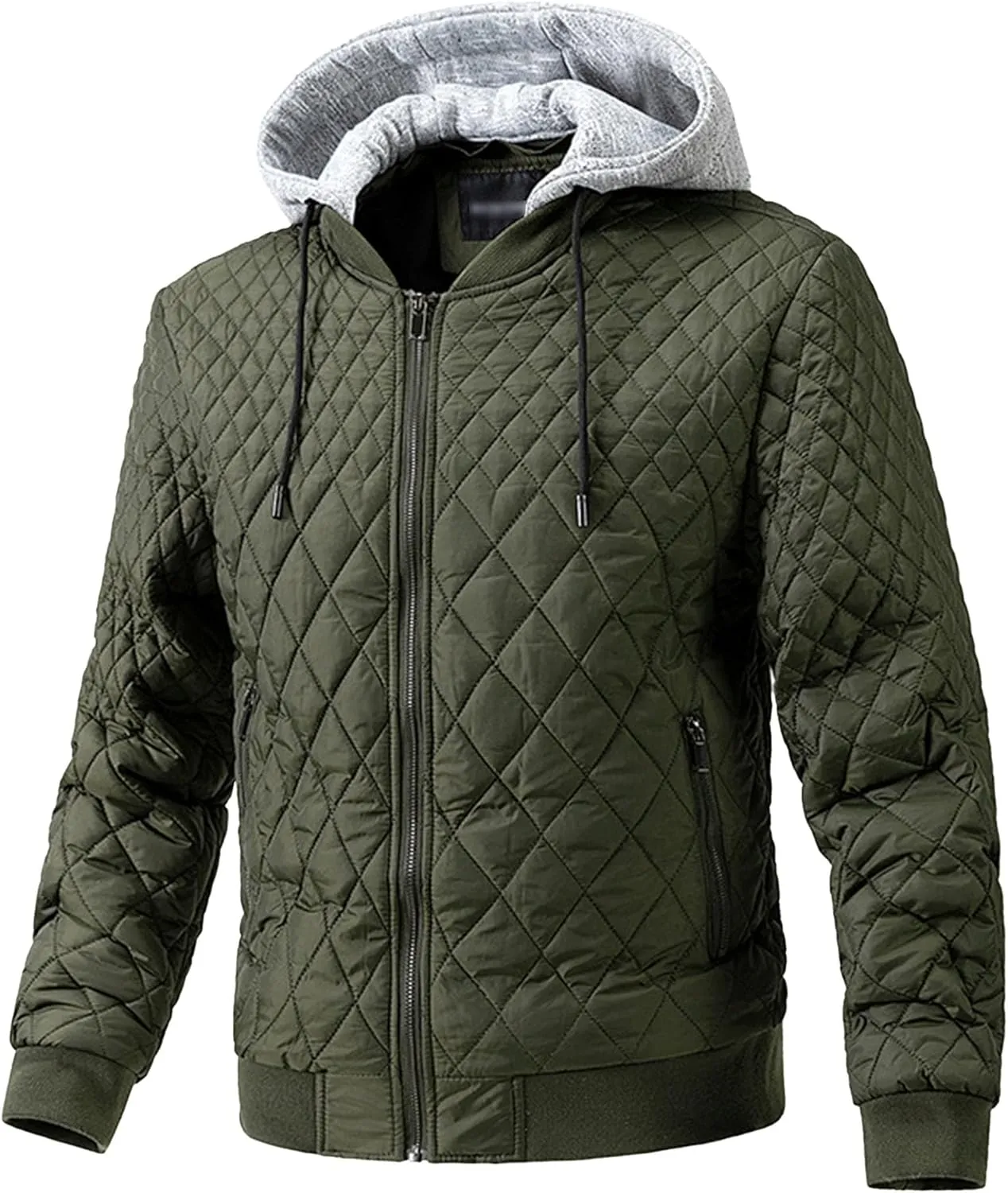 Men's Winter Quilted Jacket with Removable Hood Long Sleeve Casual Diamond Bomber Jacket Warm Winter Padded Coat