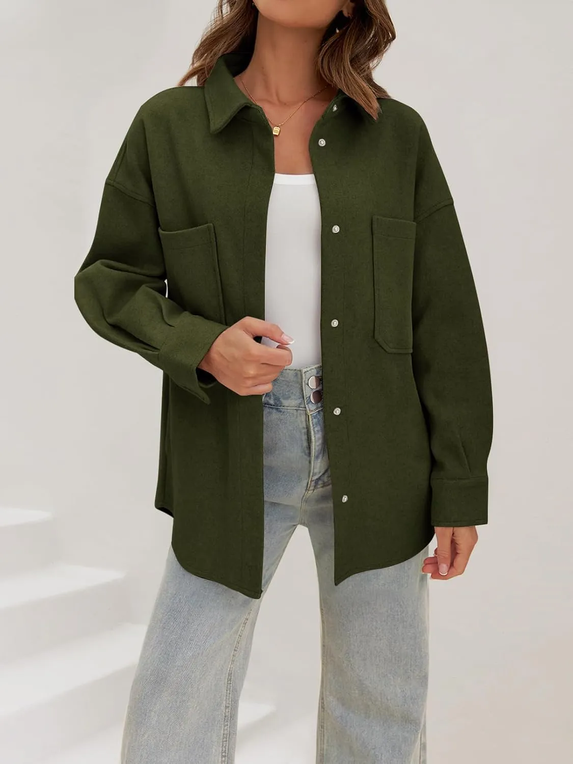 MEROKEETY Women's 2024 Fall Oversized Long Sleeve Shacket Jacket Button Down Wool Blend Coats with Pockets