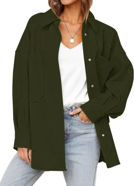 MEROKEETY Women's 2024 Fall Oversized Long Sleeve Shacket Jacket Button Down Wool Blend Coats with Pockets