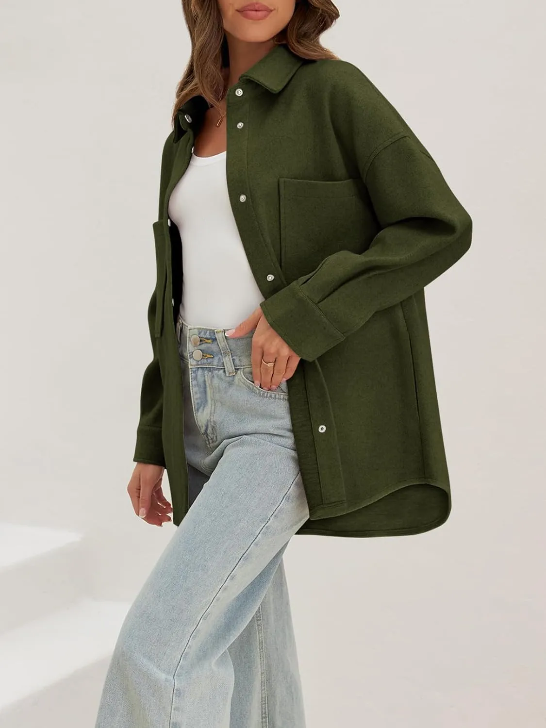 MEROKEETY Women's 2024 Fall Oversized Long Sleeve Shacket Jacket Button Down Wool Blend Coats with Pockets