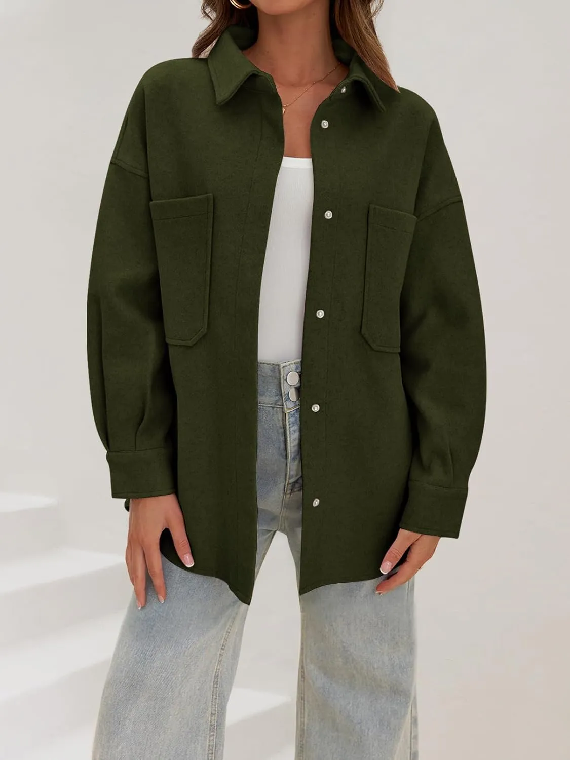 MEROKEETY Women's 2024 Fall Oversized Long Sleeve Shacket Jacket Button Down Wool Blend Coats with Pockets