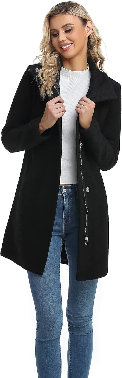 ODCOCD Women's Elegant Solid Color Mid-Length Thicken Warm Wool Blend Coat