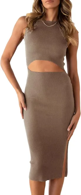 PRETTYGARDEN Women's Summer Midi Bodycon Dresses Casual Crew Neck Side Slit Sleeveless Knit Cut Out Tank Top Dress