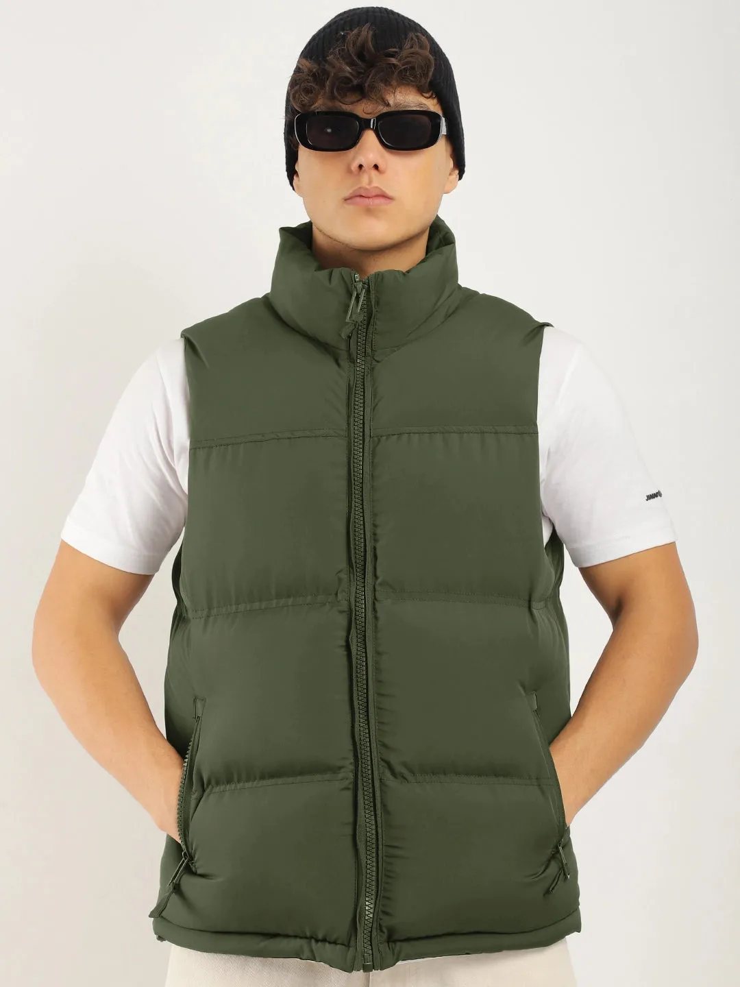 Quilted Gilet Cut Sleeves Green Puffer Jacket