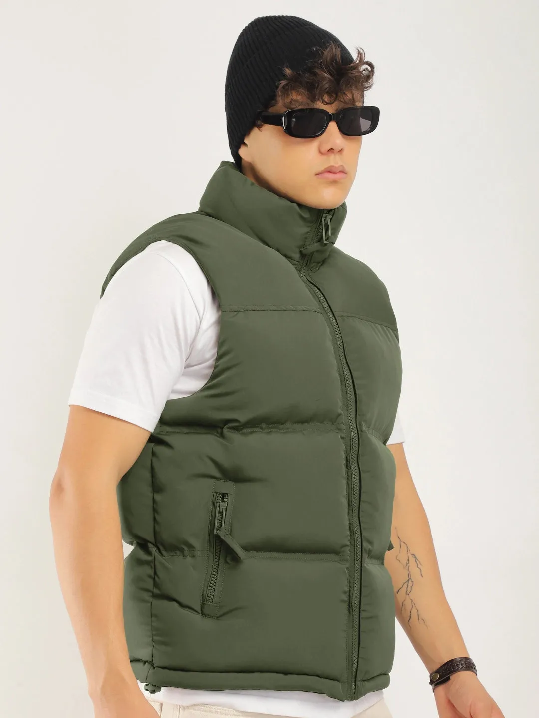 Quilted Gilet Cut Sleeves Green Puffer Jacket