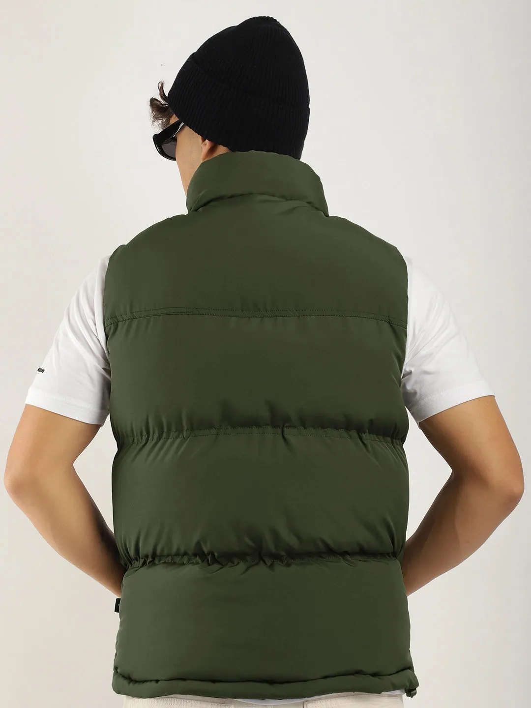 Quilted Gilet Cut Sleeves Green Puffer Jacket