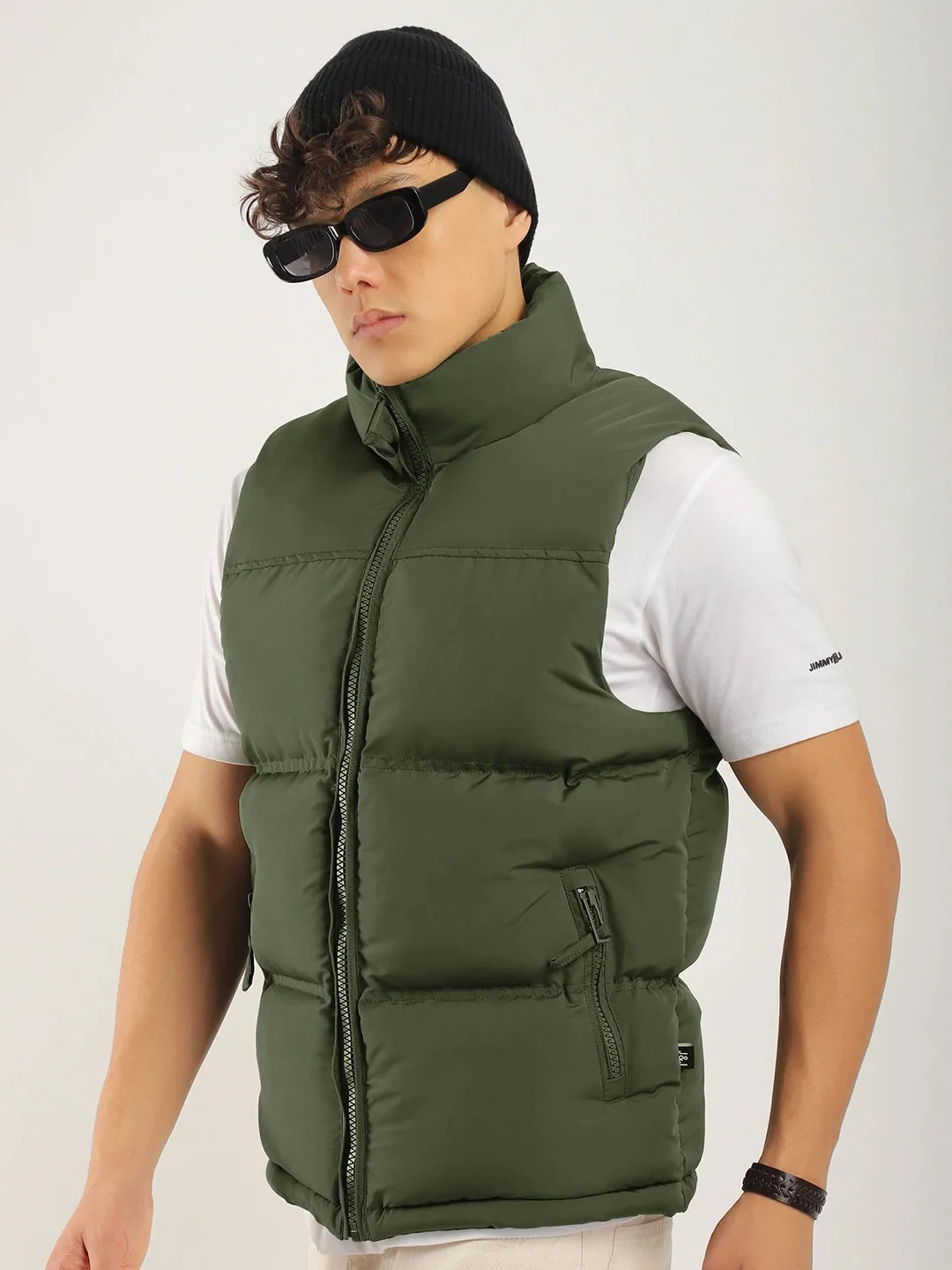 Quilted Gilet Cut Sleeves Green Puffer Jacket