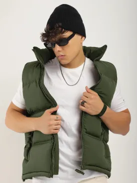 Quilted Gilet Cut Sleeves Green Puffer Jacket