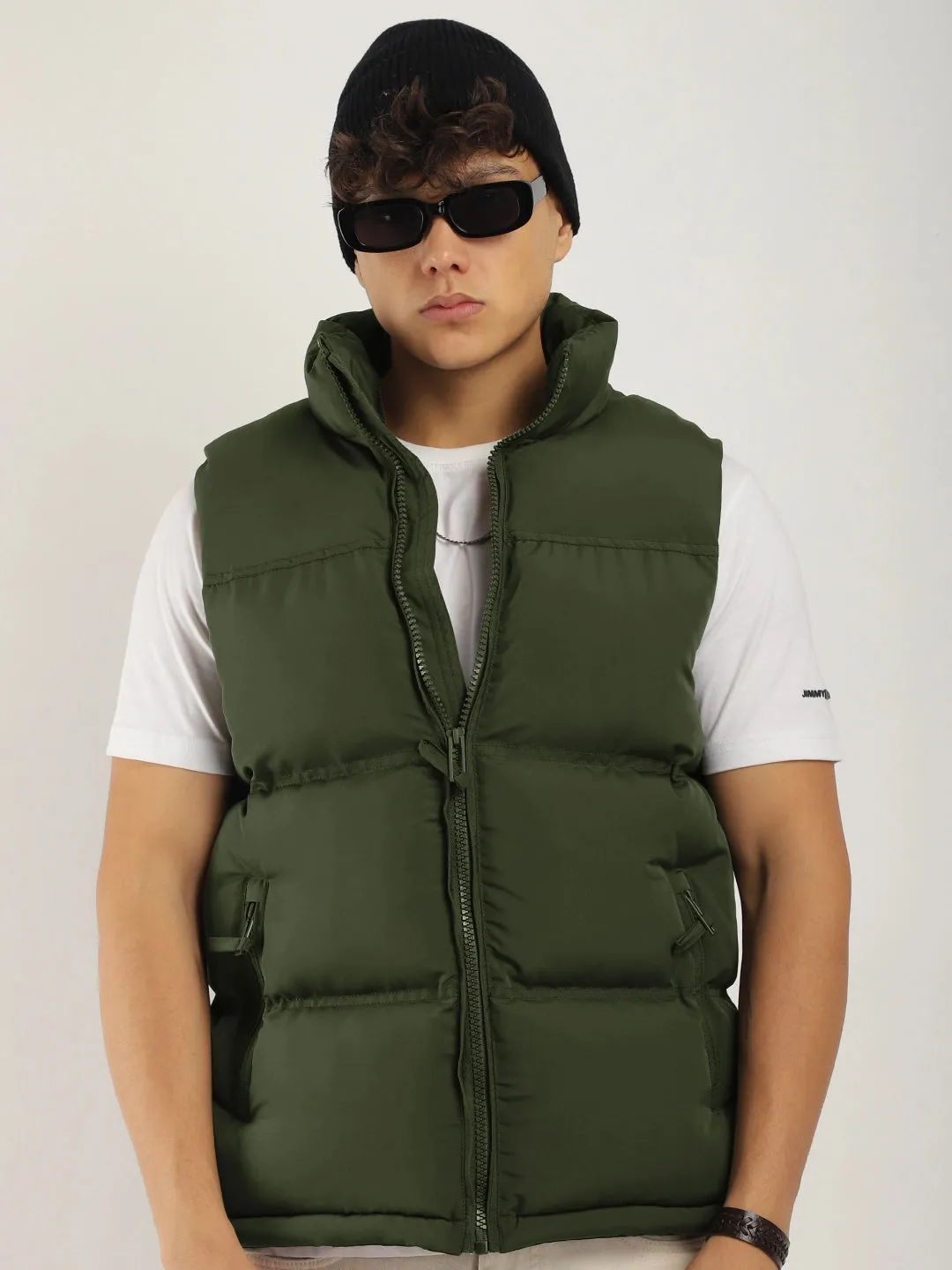 Quilted Gilet Cut Sleeves Green Puffer Jacket