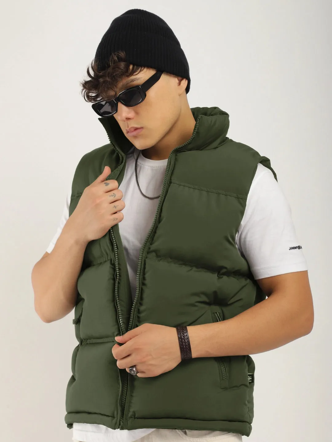 Quilted Gilet Cut Sleeves Green Puffer Jacket