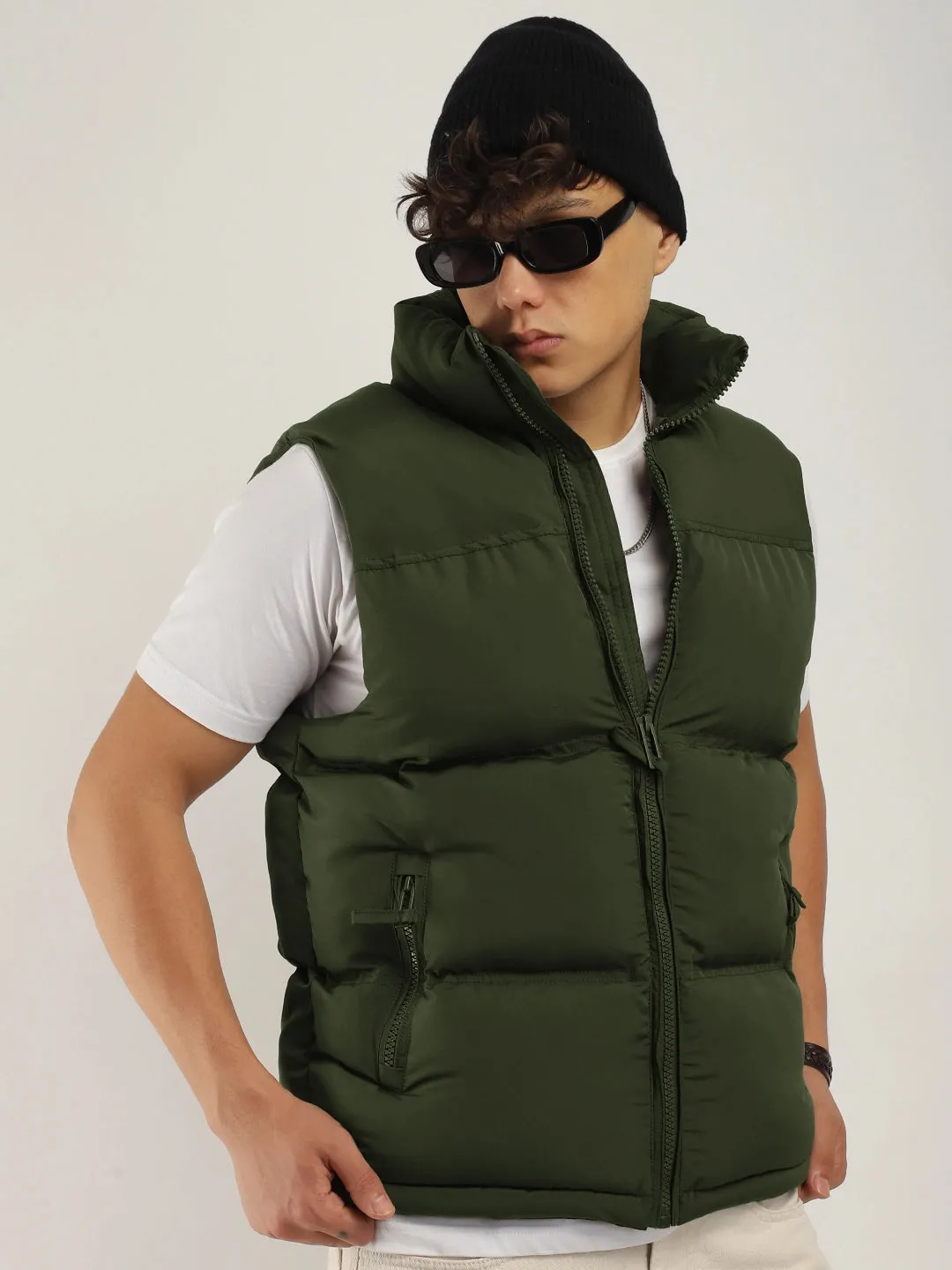 Quilted Gilet Cut Sleeves Green Puffer Jacket