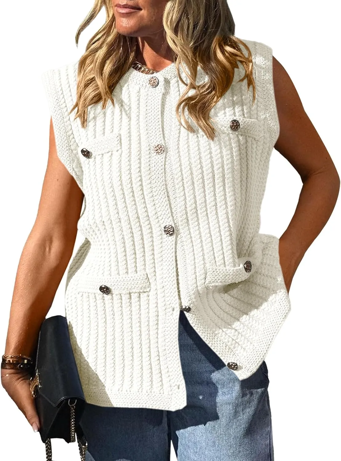 Saodimallsu Womens Sleeveless Sweater Vest Button Up Cable Knit Crew Neck Trendy Casual Loose Summer Cardigan