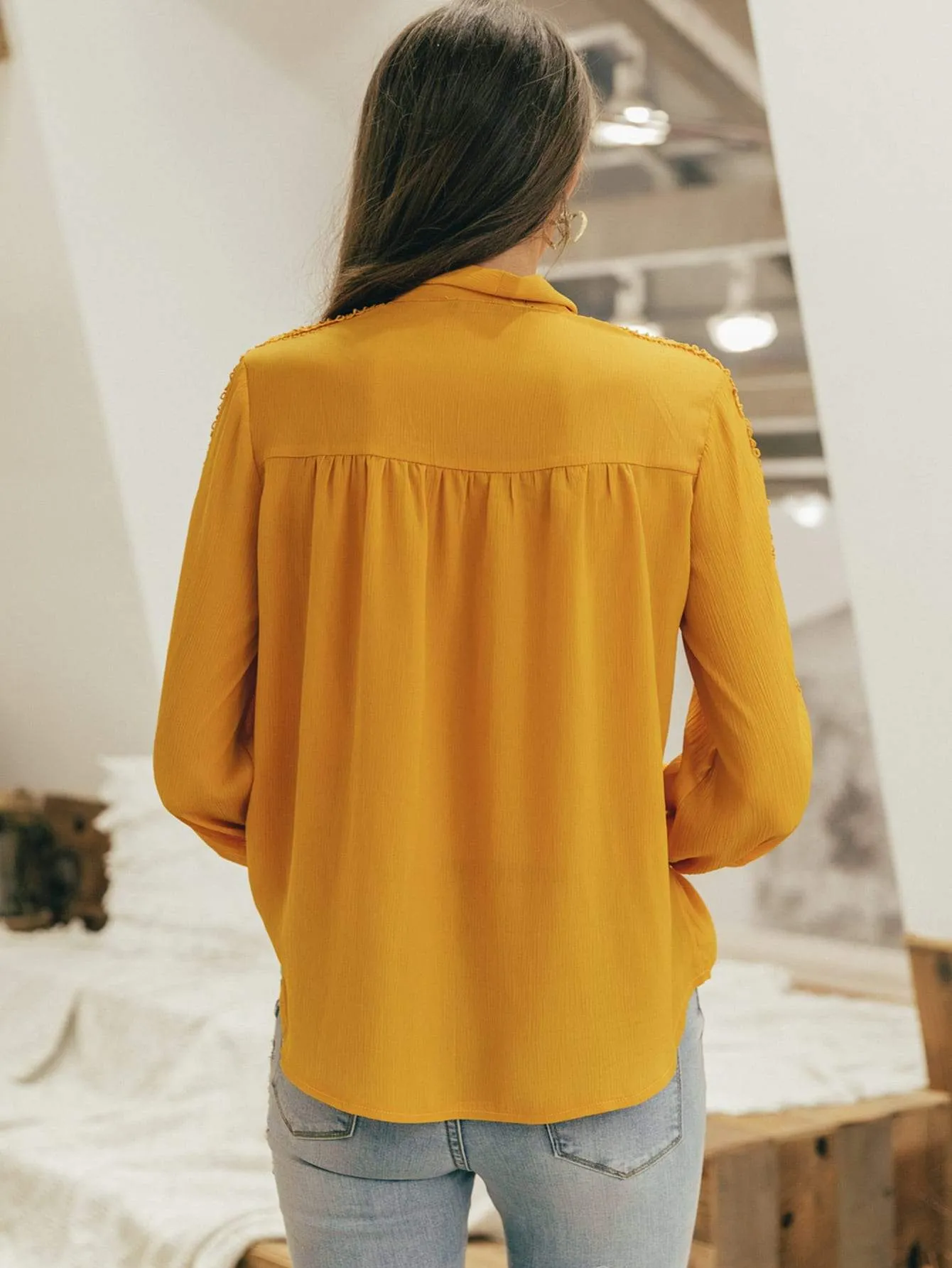 Simplee Tie Neck Guipure Lace Insert Solid Top