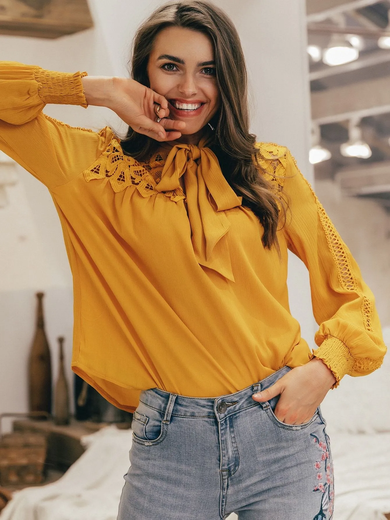 Simplee Tie Neck Guipure Lace Insert Solid Top