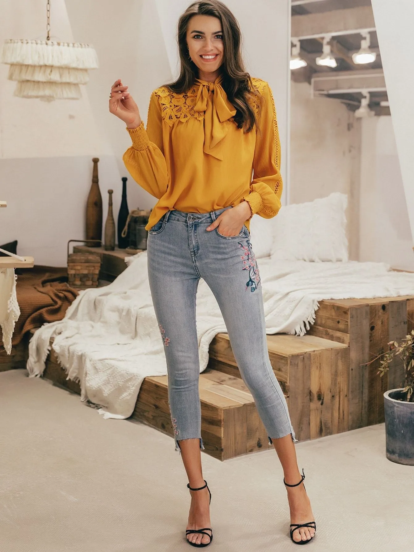 Simplee Tie Neck Guipure Lace Insert Solid Top