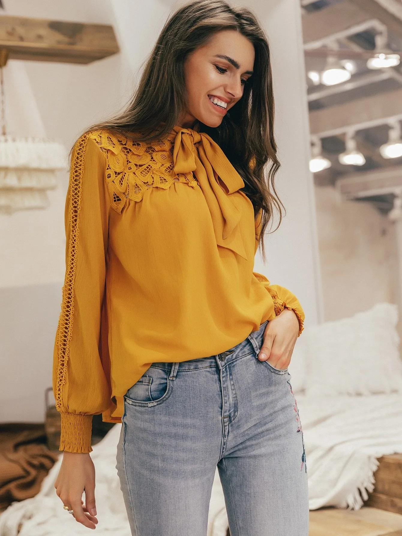 Simplee Tie Neck Guipure Lace Insert Solid Top