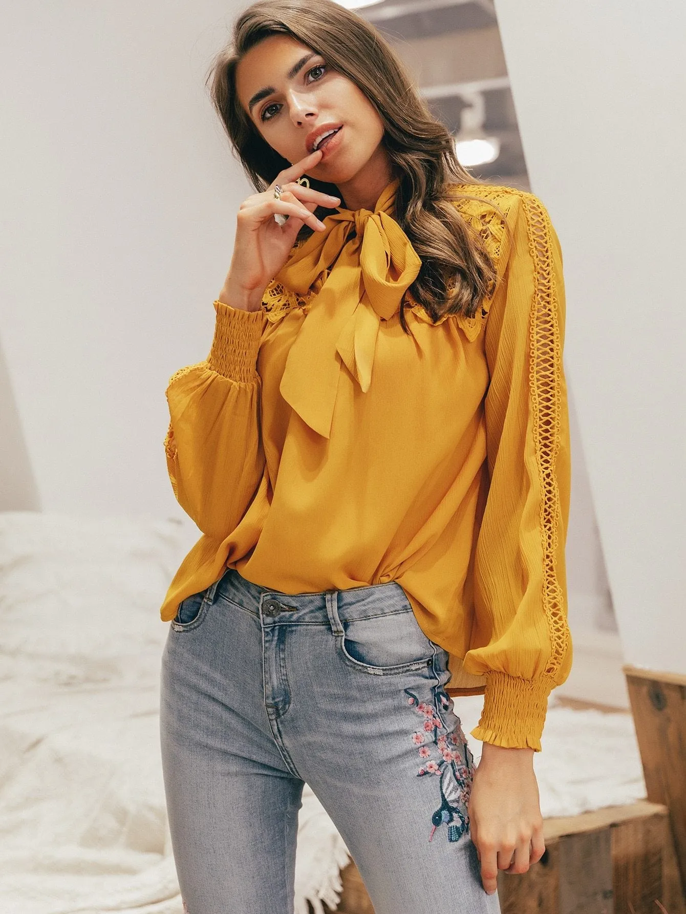 Simplee Tie Neck Guipure Lace Insert Solid Top