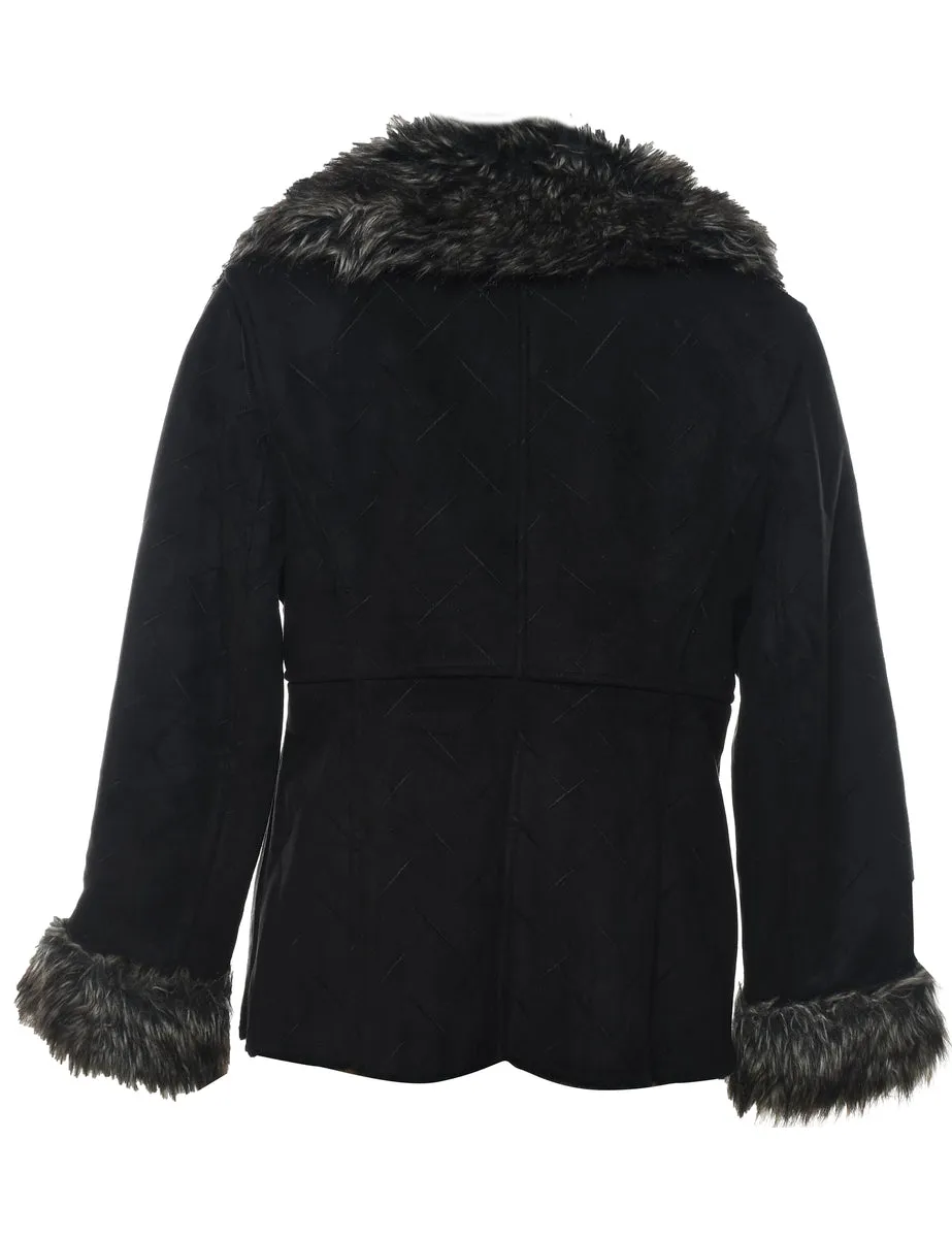 Single Breasted Black Faux Shearling Lined Afghan Jacket - L