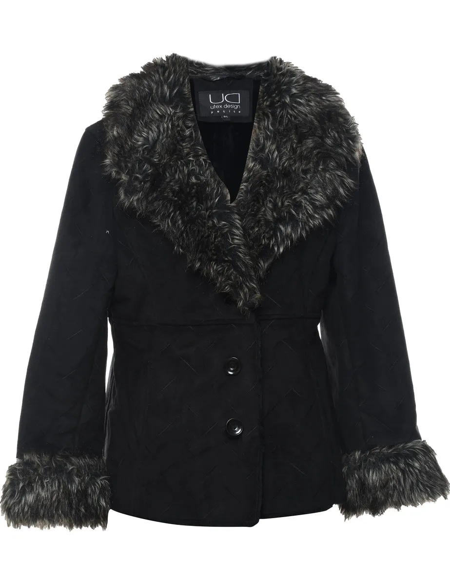 Single Breasted Black Faux Shearling Lined Afghan Jacket - L