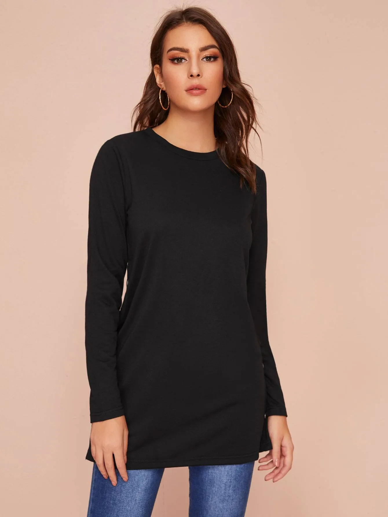 Solid Button Detail Side Split Tee