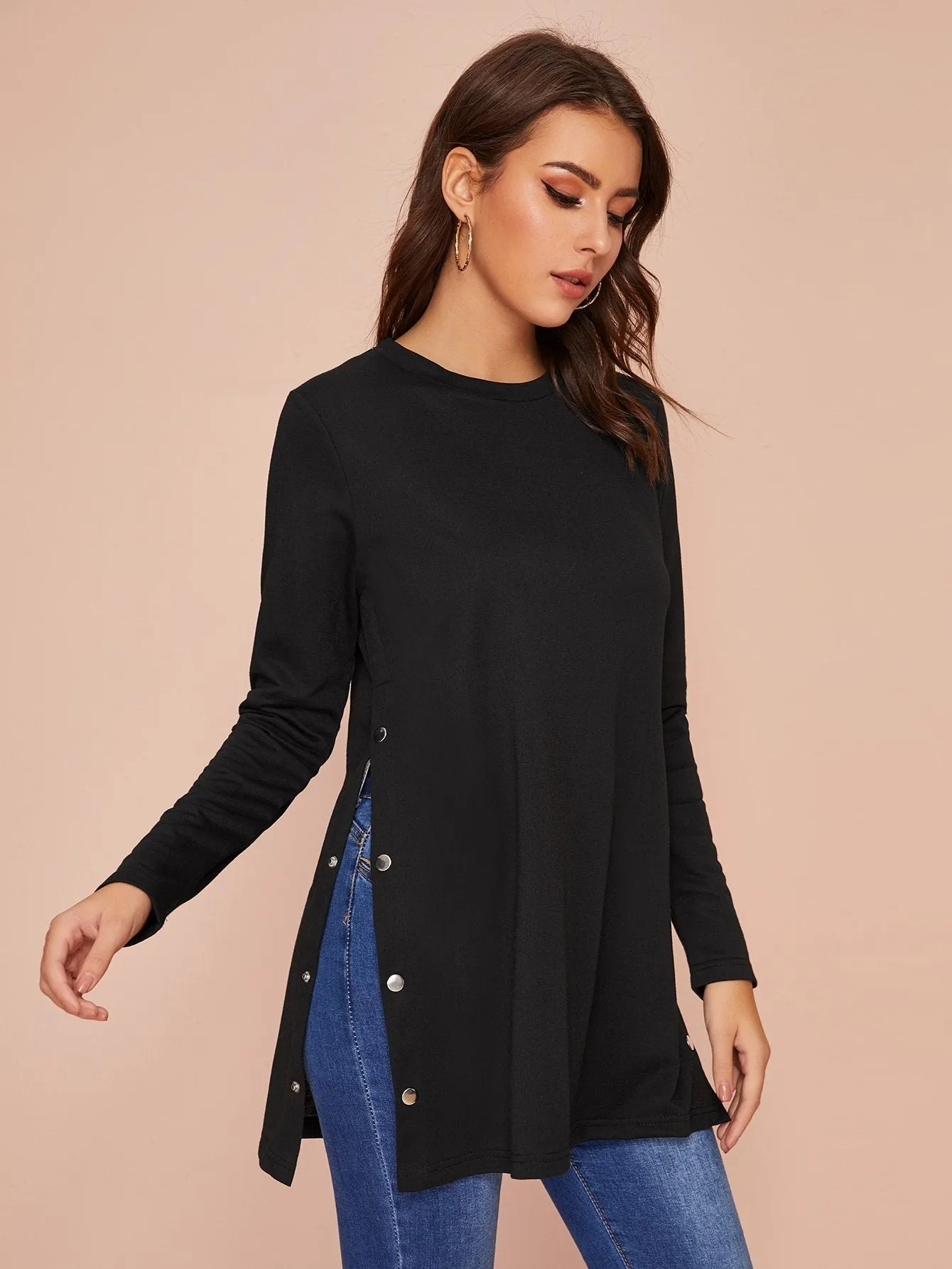 Solid Button Detail Side Split Tee
