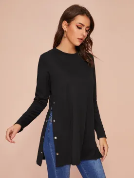 Solid Button Detail Side Split Tee