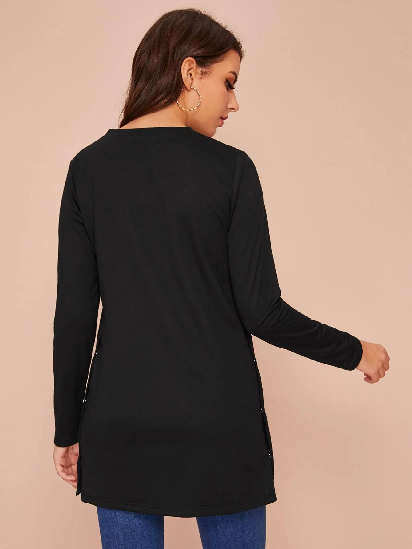 Solid Button Detail Side Split Tee