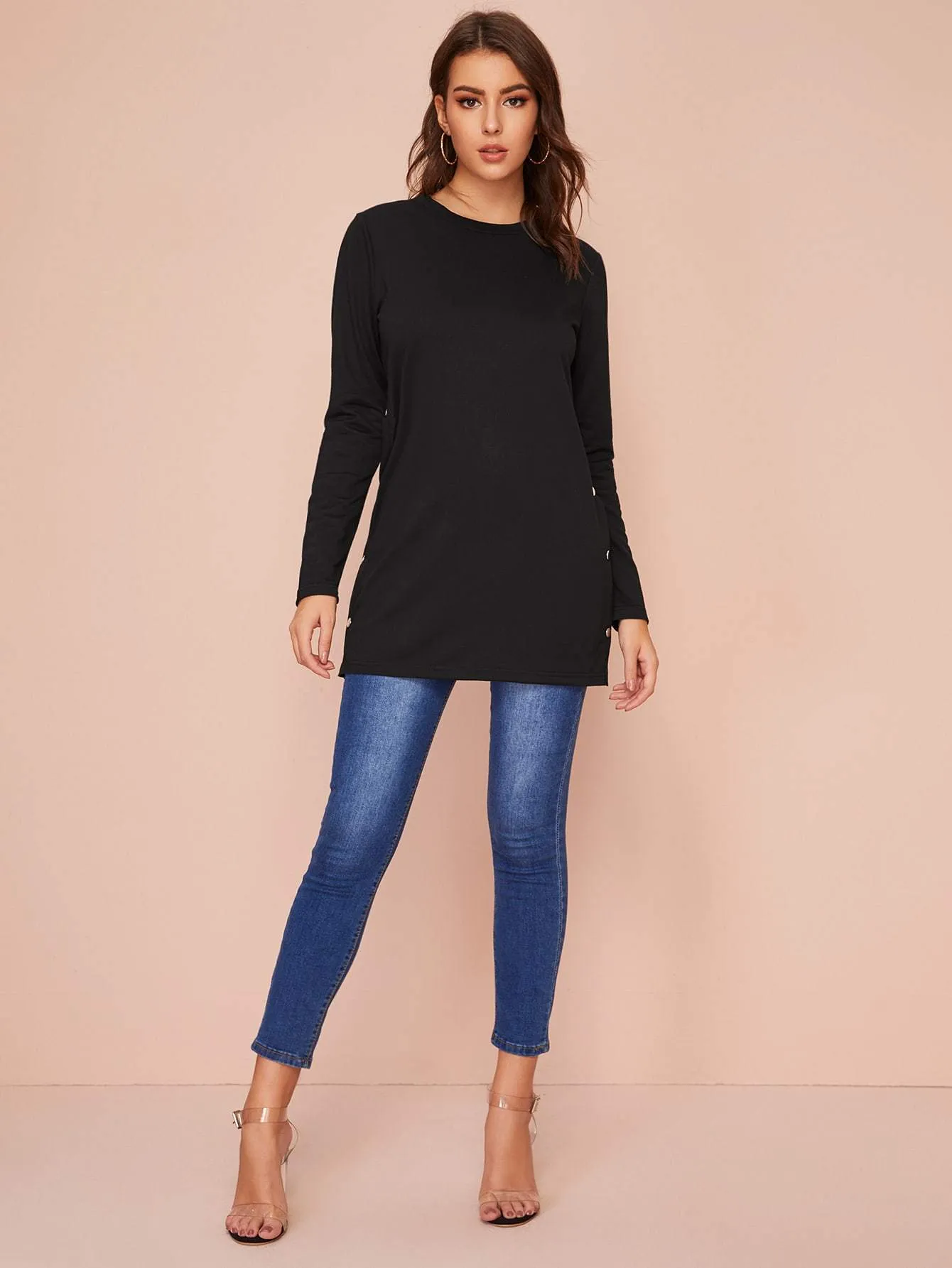 Solid Button Detail Side Split Tee