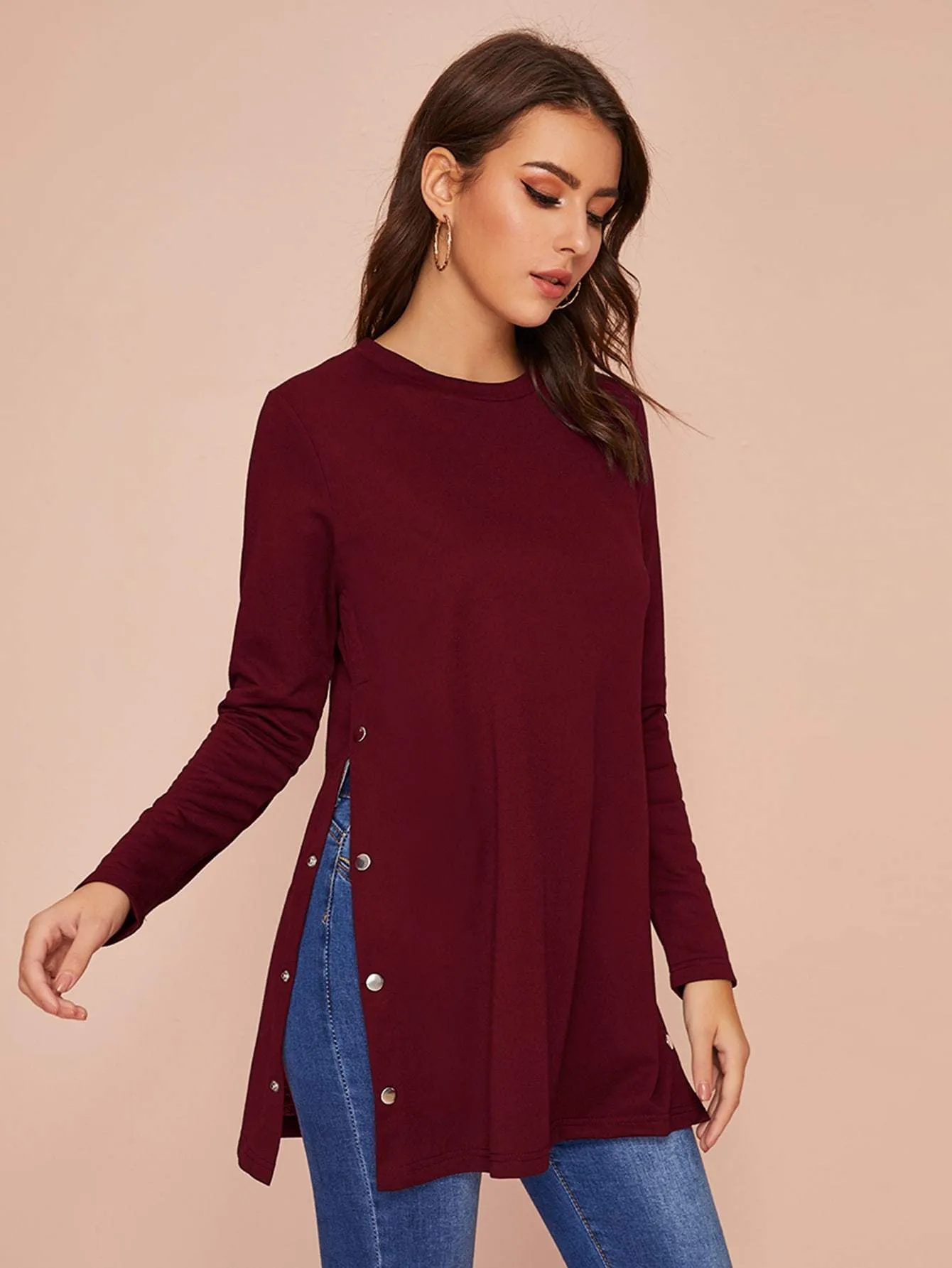 Solid Button Detail Side Split Tee