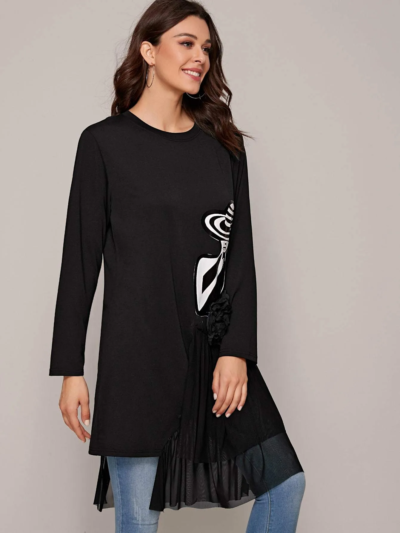 Stereo Floral Mesh Panel Figure Graphic Tee