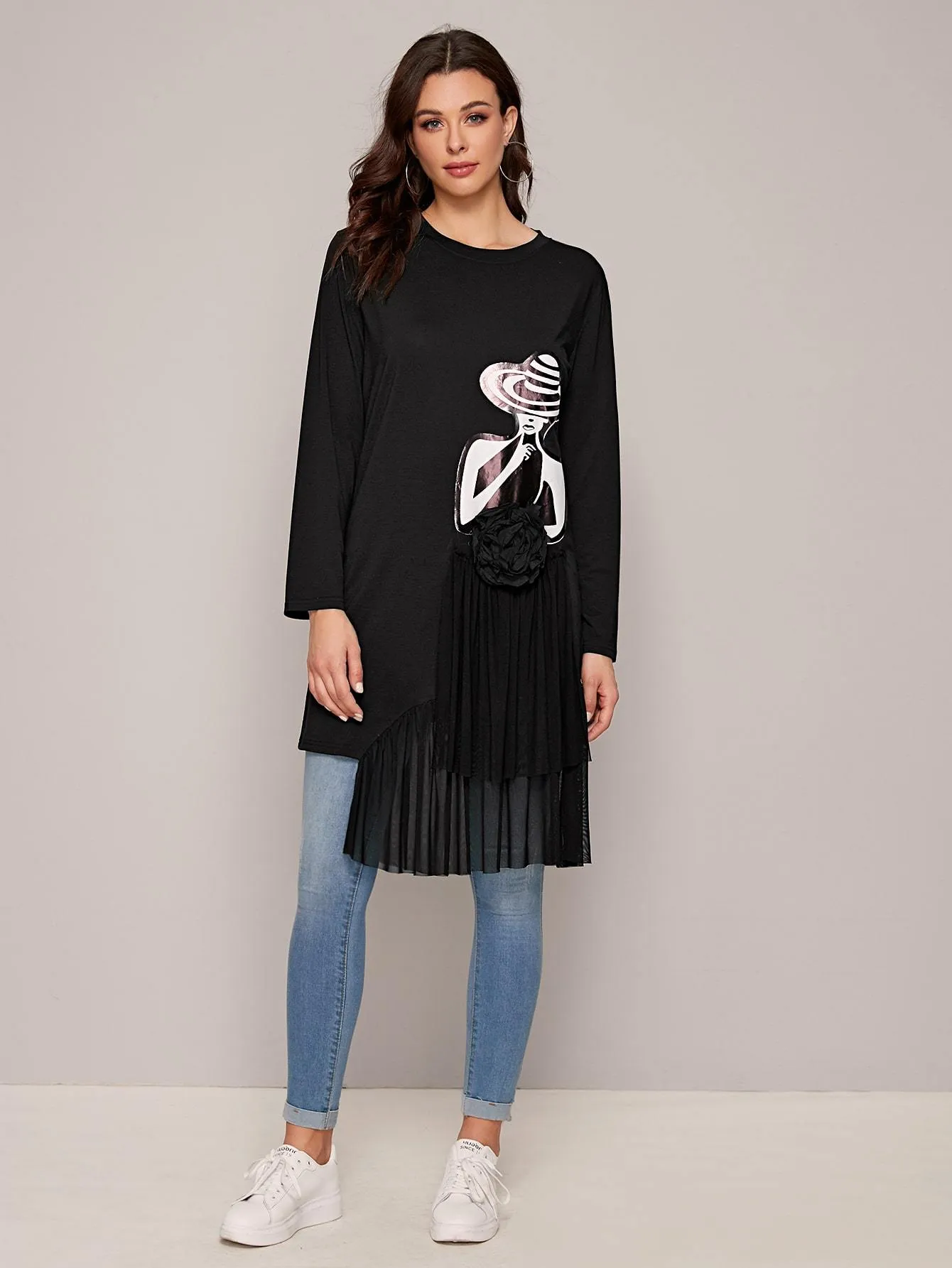 Stereo Floral Mesh Panel Figure Graphic Tee