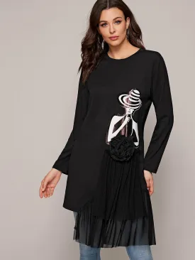 Stereo Floral Mesh Panel Figure Graphic Tee