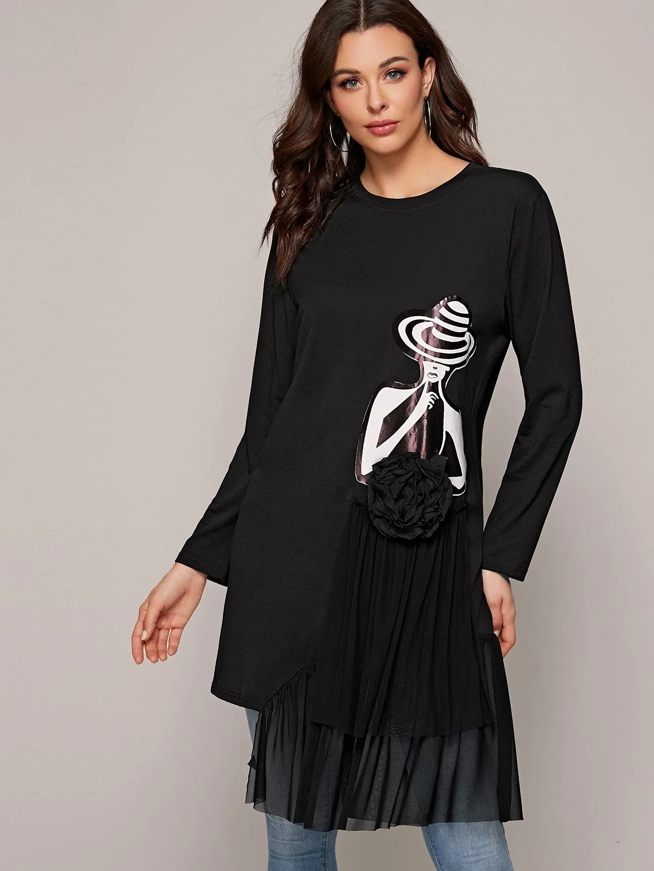 Stereo Floral Mesh Panel Figure Graphic Tee