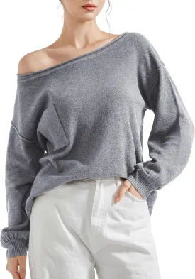 SUUKSESS Women Off The Shoulder Spring Sweaters Long Sleeve Boat Neck Oversized Pullover Sweater Tops