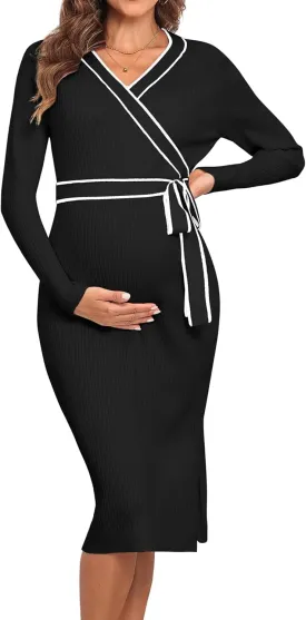 V FOR CITY Maternity Sweater Dress Long Sleeve Wrap V Neck Knit Pregnancy Dresses for Baby Shower Photoshoot Outfits