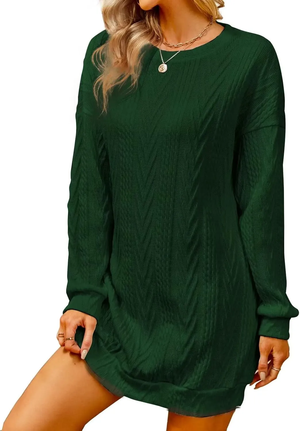 VIMPUNEC Women Crewneck Cable Knit Sweater Dress Long Sleeve Oversized Casual Pullover Dress