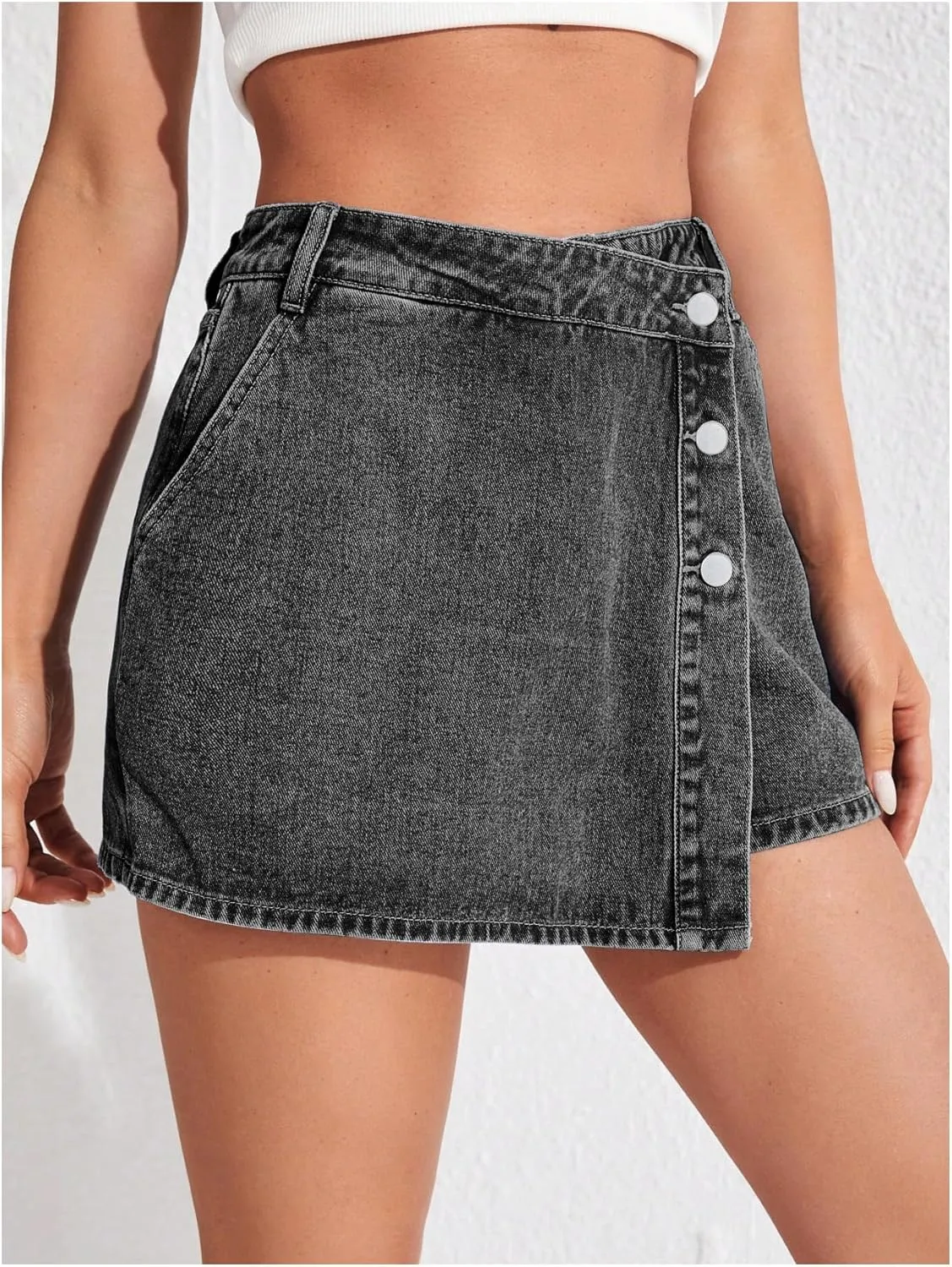 WDIRARA Women's High Waisted Button Front Denim Skort Asymmetrical Hem Skirt Shorts