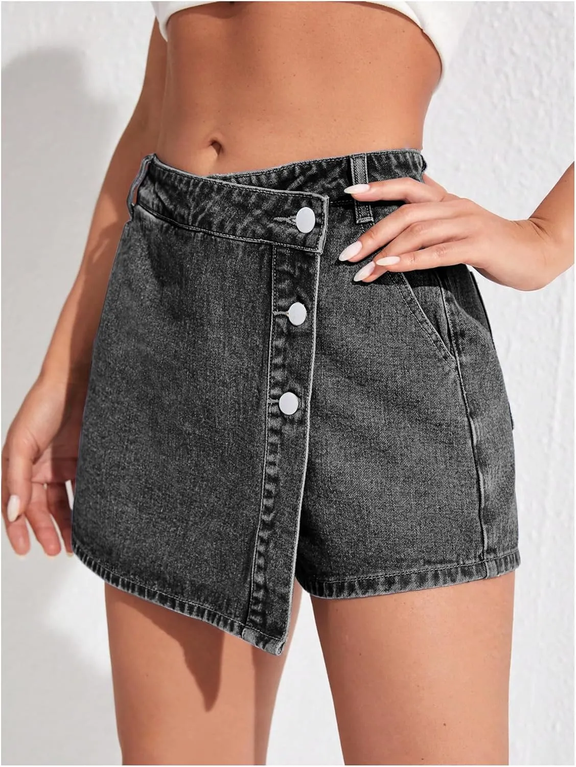 WDIRARA Women's High Waisted Button Front Denim Skort Asymmetrical Hem Skirt Shorts