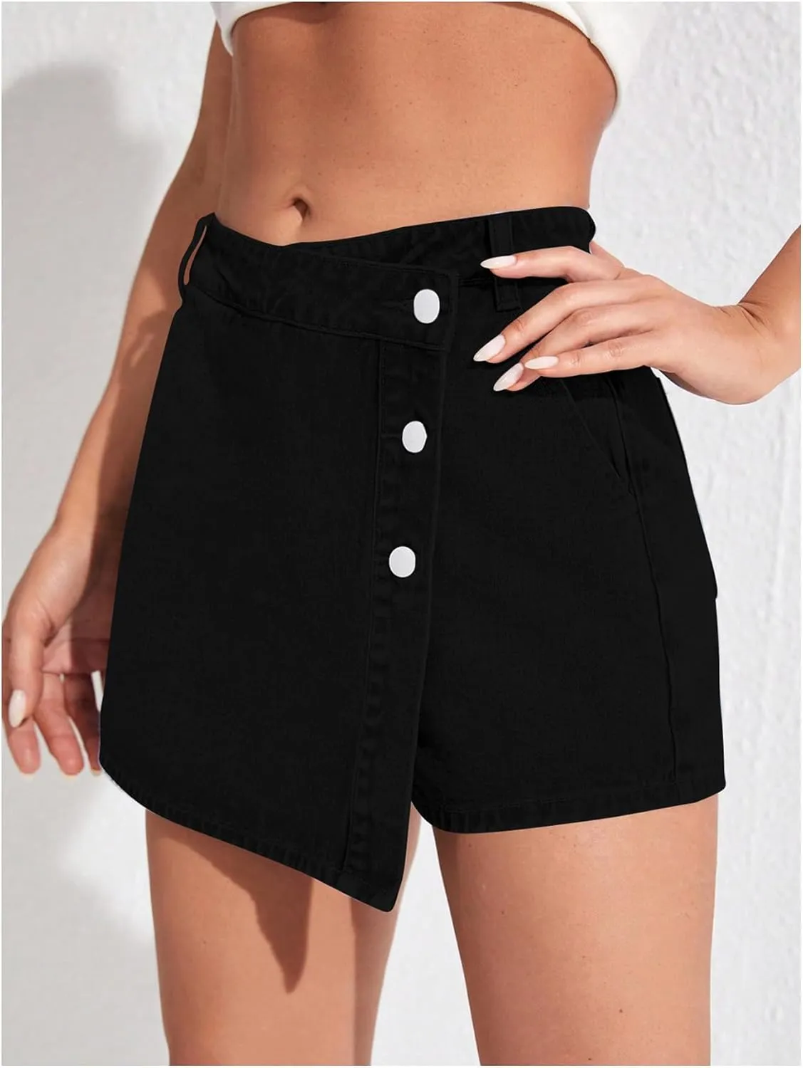 WDIRARA Women's High Waisted Button Front Denim Skort Asymmetrical Hem Skirt Shorts