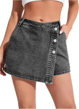 WDIRARA Women's High Waisted Button Front Denim Skort Asymmetrical Hem Skirt Shorts