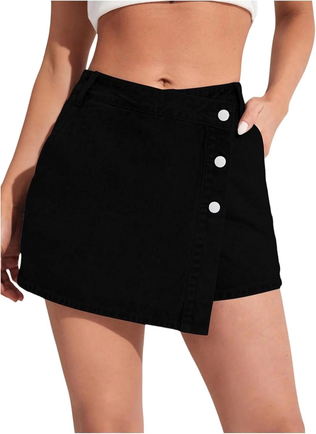 WDIRARA Women's High Waisted Button Front Denim Skort Asymmetrical Hem Skirt Shorts