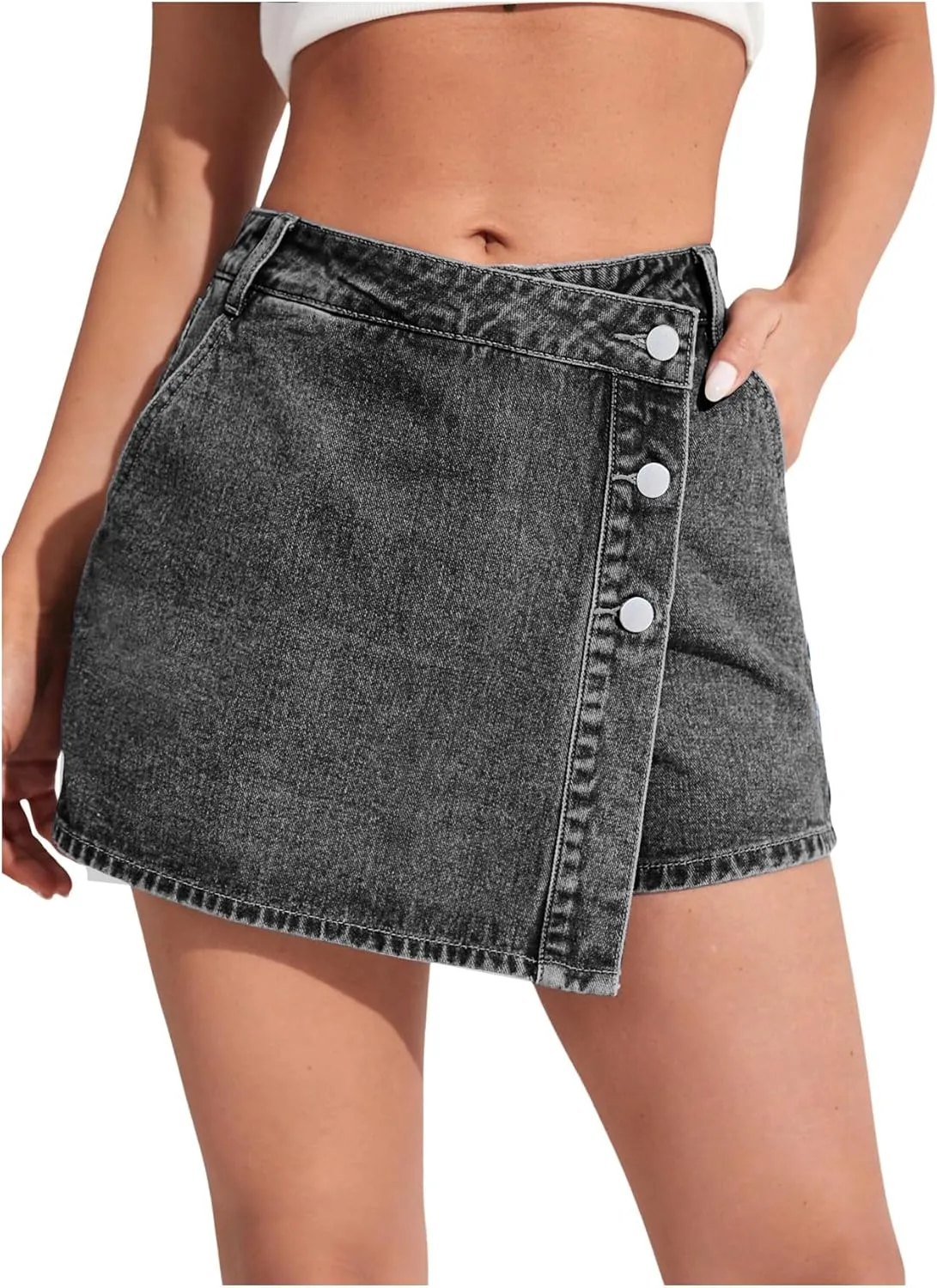 WDIRARA Women's High Waisted Button Front Denim Skort Asymmetrical Hem Skirt Shorts