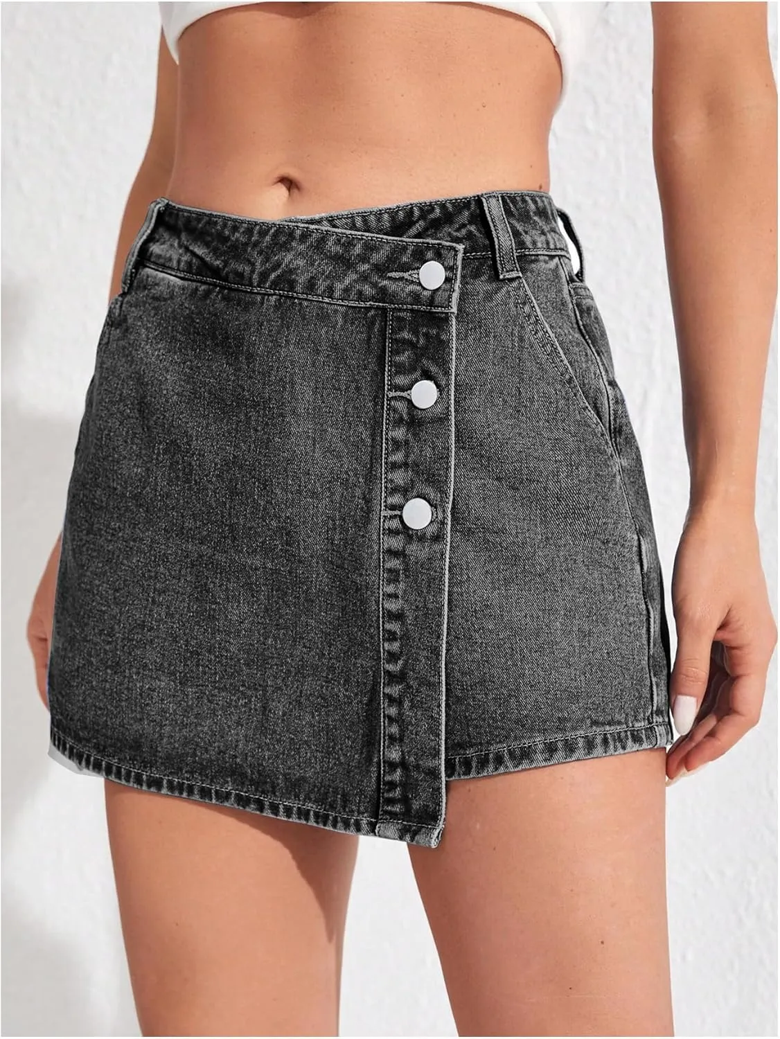 WDIRARA Women's High Waisted Button Front Denim Skort Asymmetrical Hem Skirt Shorts